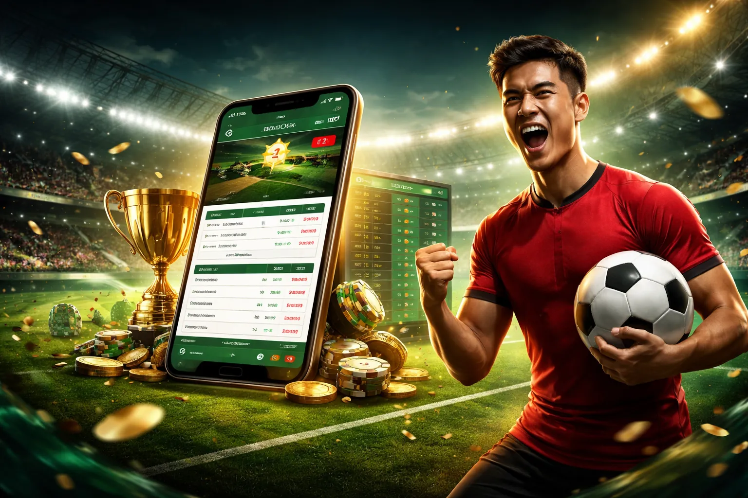 Sân vận động bóng đá với ánh đèn rực rỡ, biểu tượng cho cá cược thể thao 55win
